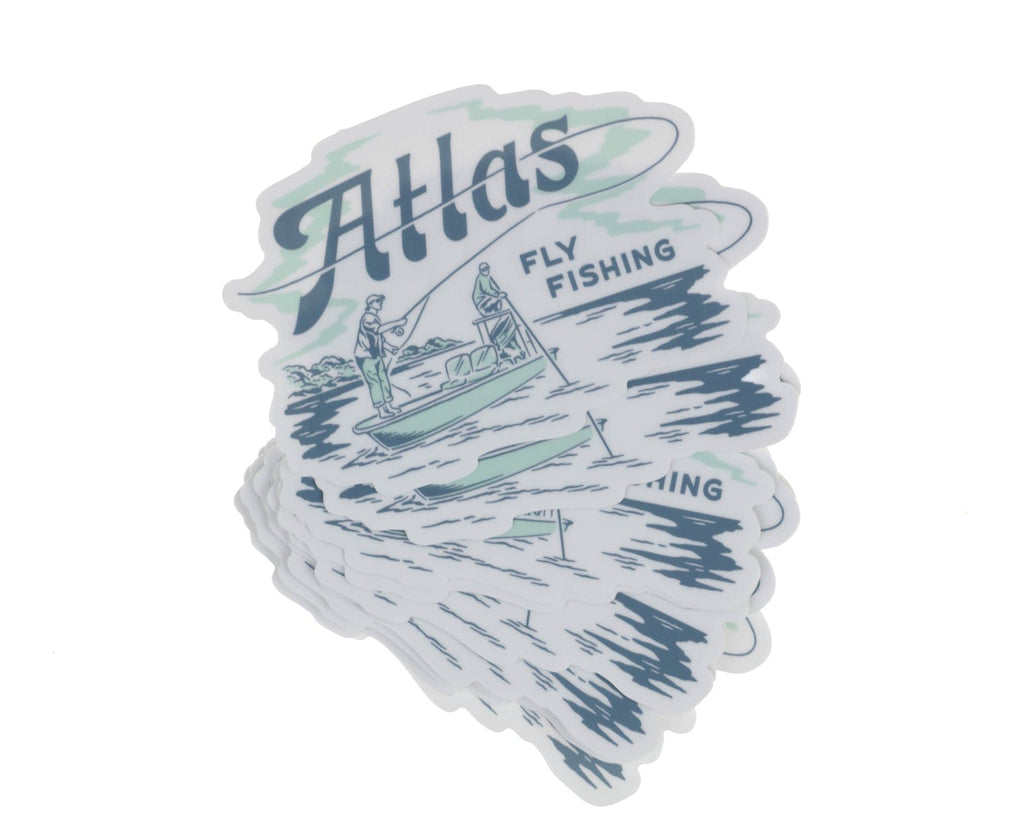 White die-cut vinyl Atlas fly fishing sticker with teal and navy vintage illustration of angler on boat, waves and logo