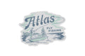 Die-cut vinyl sticker with teal and navy illustration of two anglers on a boat, Atlas logo and Fly Fishing text
